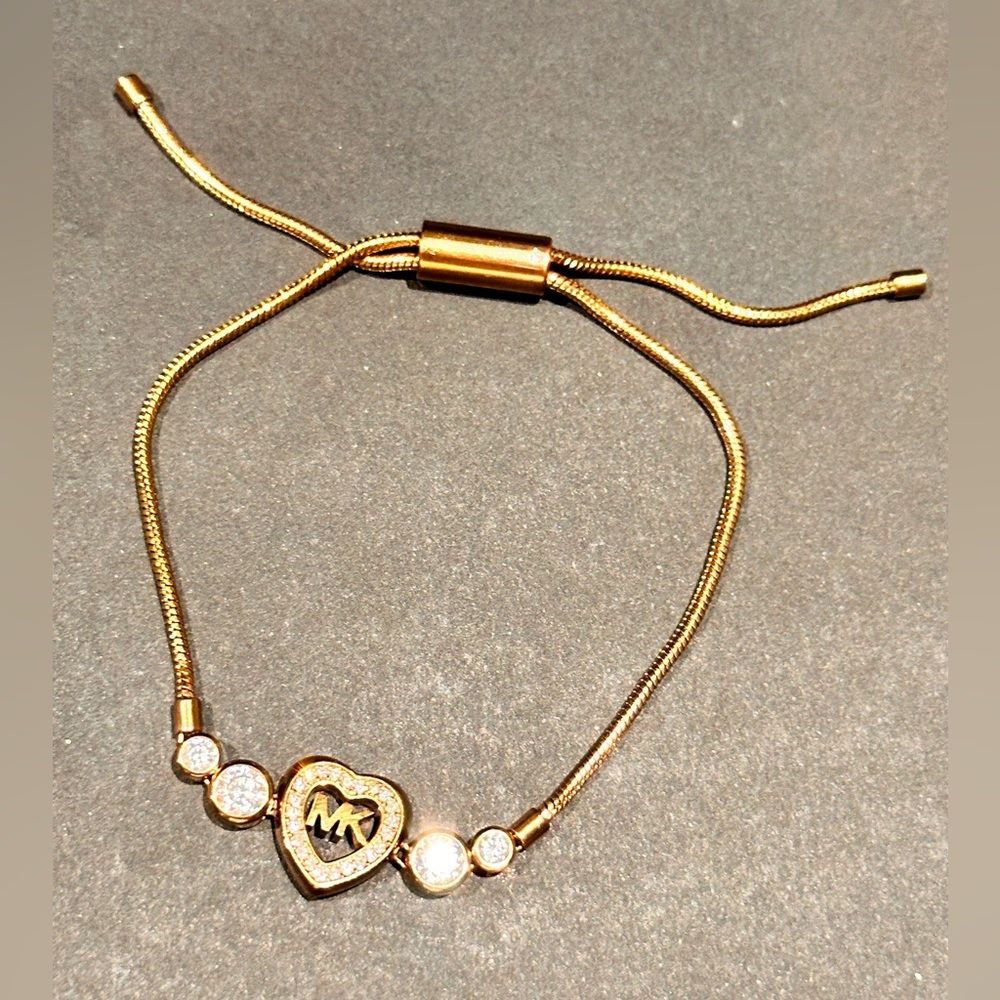 Michael Kors Rose Gold Tone Adjustable MK Heart Bracelet Pre~owned